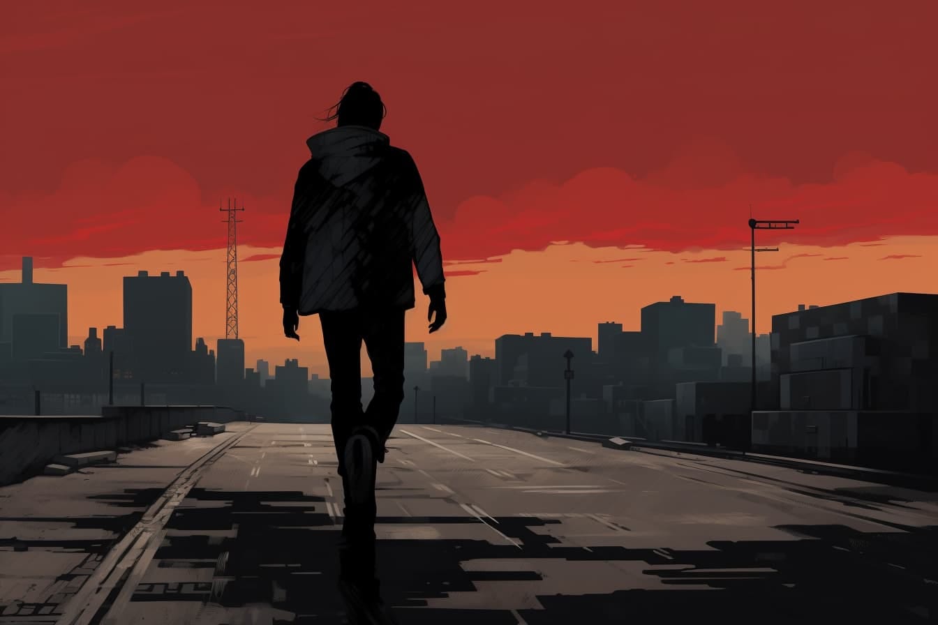 A person walking along a road at sunset with a cityscape in the background