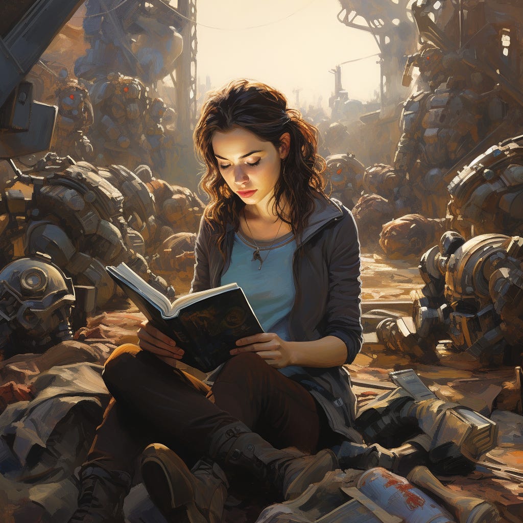 A young woman reading a book in the centre of a junkyard full of broken robots, in the style of Aimee de Jongh