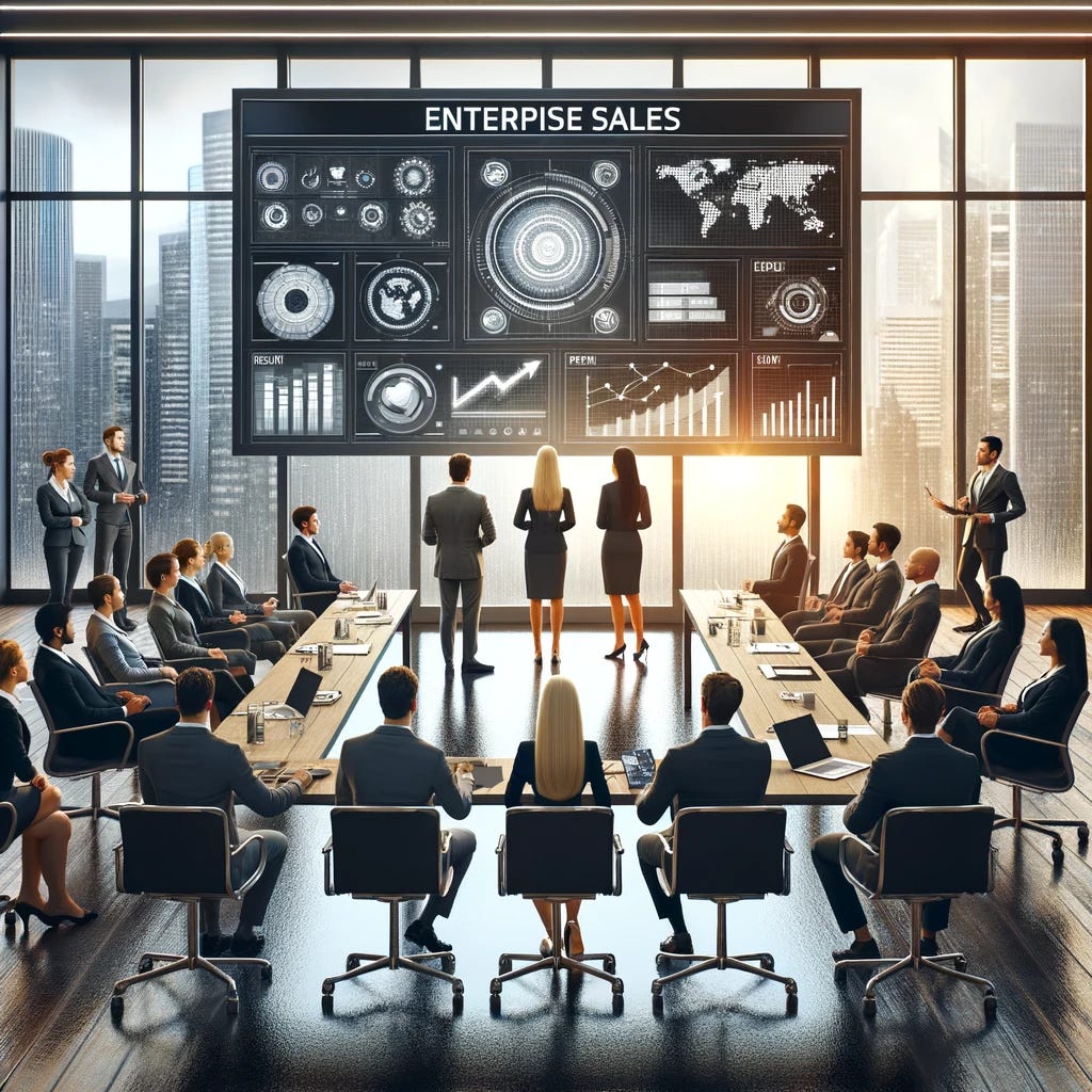 Create an image that symbolizes enterprise sales with a focus on gender diversity. The scene is set in a modern, sleek office environment. In the foreground, a diverse group of professional salespeople are confidently presenting a digital product on a large screen to a group of attentive executives. The executives are diverse in gender, with an equal mix of men and women, all dressed in business attire. The room is well-lit and spacious, with a long conference table and comfortable chairs. The backdrop features a large window with a view of a bustling city skyline, symbolizing growth and opportunity. The overall atmosphere should convey a sense of collaboration, innovation, and inclusivity.