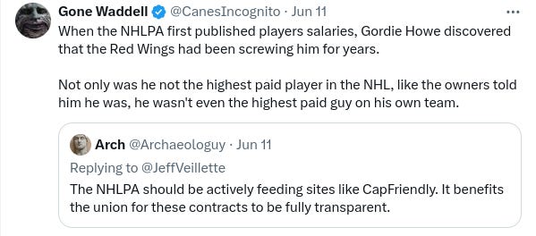 A quote tweet. The original tweet is by @ArchaeologyGuy and says: "The NHLPA should be actively feeding sites like CapFriendly. It benefits the union for these contracts to be fully transparent." The quote is by @CanesIncognito and says: "When the NHLPA first published players salaries, Gordie Howe discovered that the Red Wings had been screwing him for years. Not only was he not the highest paid player in the NHL, like the owners told him he was, he wasn't even the highest paid guy on his own team."