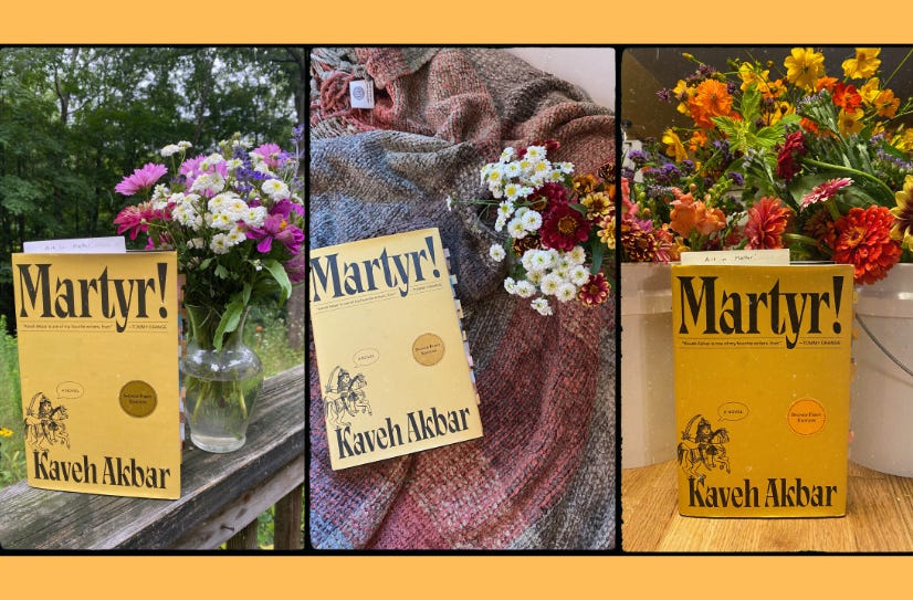 Three photos of Martyr! on three different backgrounds: on a porch railing next to a vase of flowers, on a blanket next to a vase of flowers, in front of a large bucket of flowers.