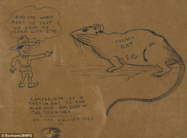 The origins of Mickey? This sketch by Walt Disney, thought to be the earliest to come to market, shows a cartoonish rat, which experts say could prefigure his most famous creation. The above cartoon makes a joke about the filthy conditions of First World War trench warfare
