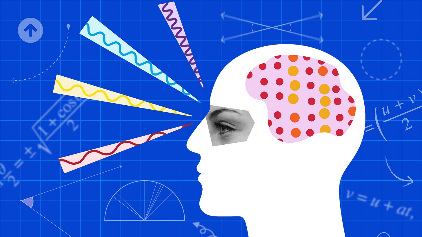 Artist drawing of human head in profile with blue background, colored lines pointing at the eye, colored dots representing the brain and math equations floating around the head. Artist drawing of human head in profile with blue background, colored lines pointing at the eye, colored dots representing the brain and math equations floating around the head.