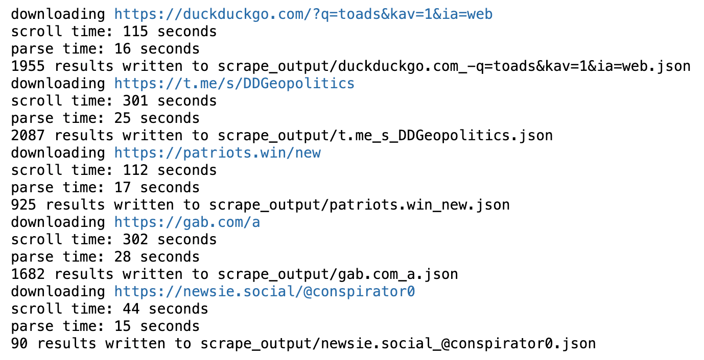 console messages printing when scraping a DuckDuckGo search, a Telegram channel, a right-wing Reddit clone, a Gab account, and a Mastodon account