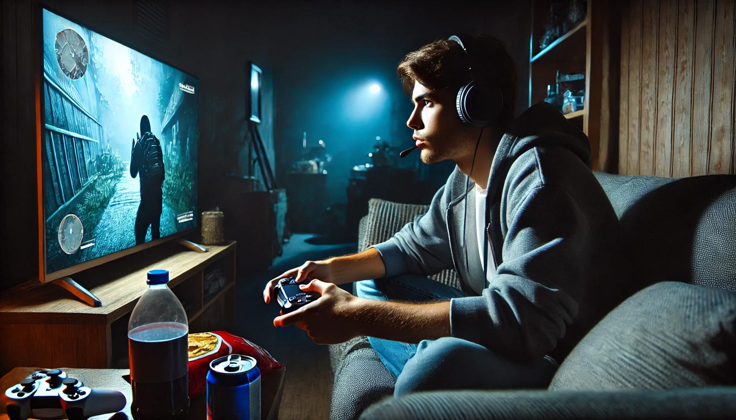A young man sitting on a couch in a dark room playing PlayStation. The only light comes from the TV screen, illuminating his face with a soft blue glow. He wears headphones and a hoodie, looking very focused on the game. Around him are snacks, soda cans, and a slightly messy room. The television shows an intense video game scene. The atmosphere is cozy and immersive.
