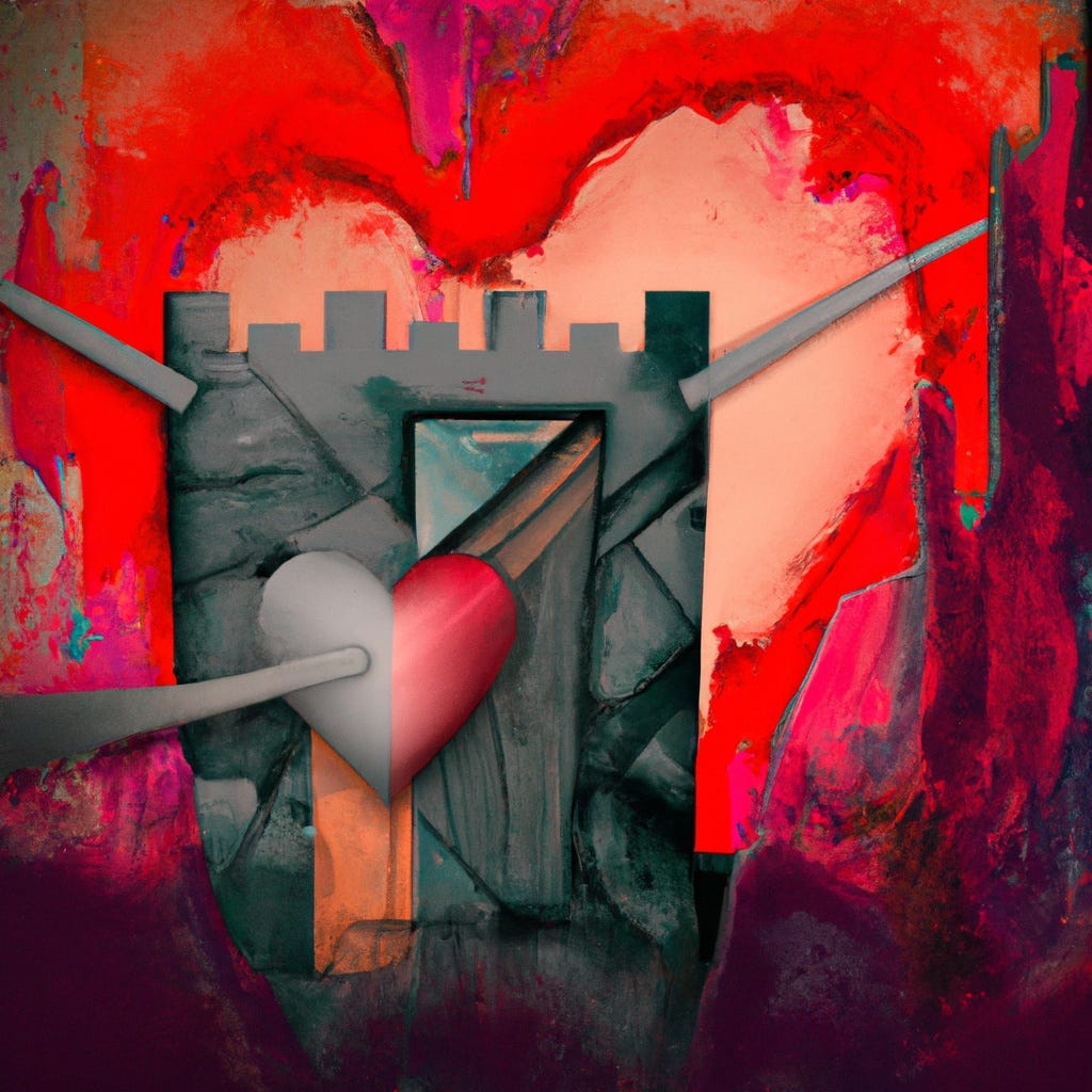 A lance spearing through a heart and a guard tower against a bloody red and purple backdrop.
