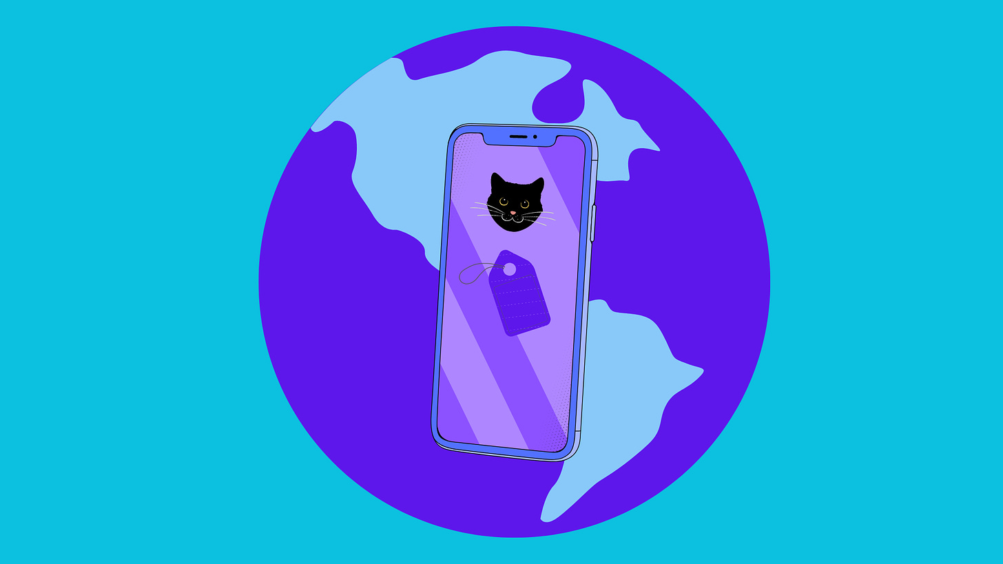 Image of smartphone with cat face, price tag over a globe
