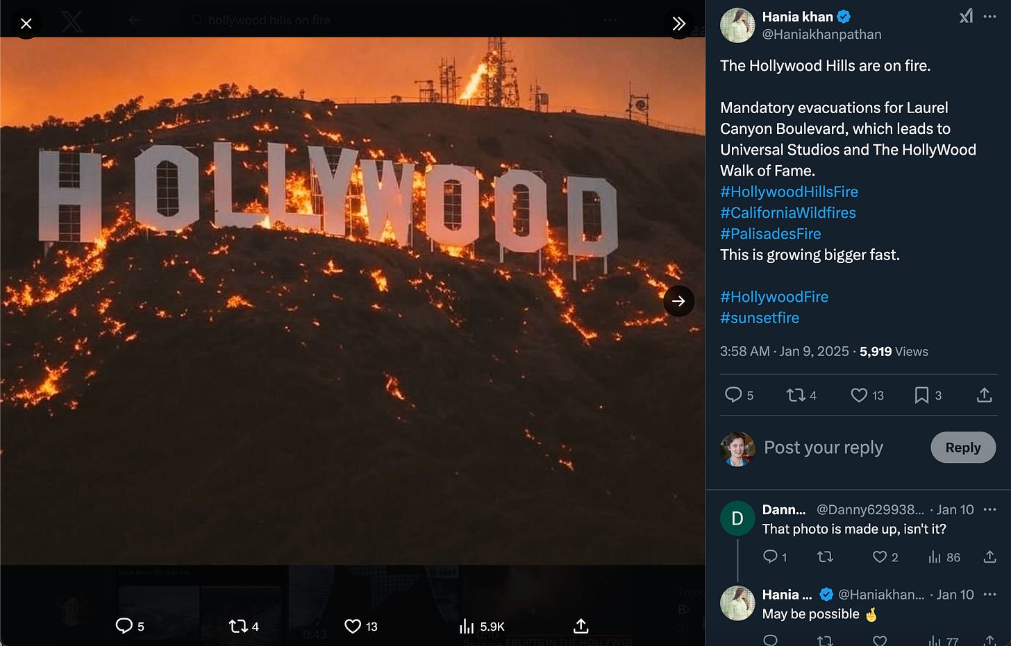 An AI-generated picture of the Hollywood sign against a hill on fire in a tweet saying that it is. A response asks if the photo is made up and the author responds with "may be possible"..