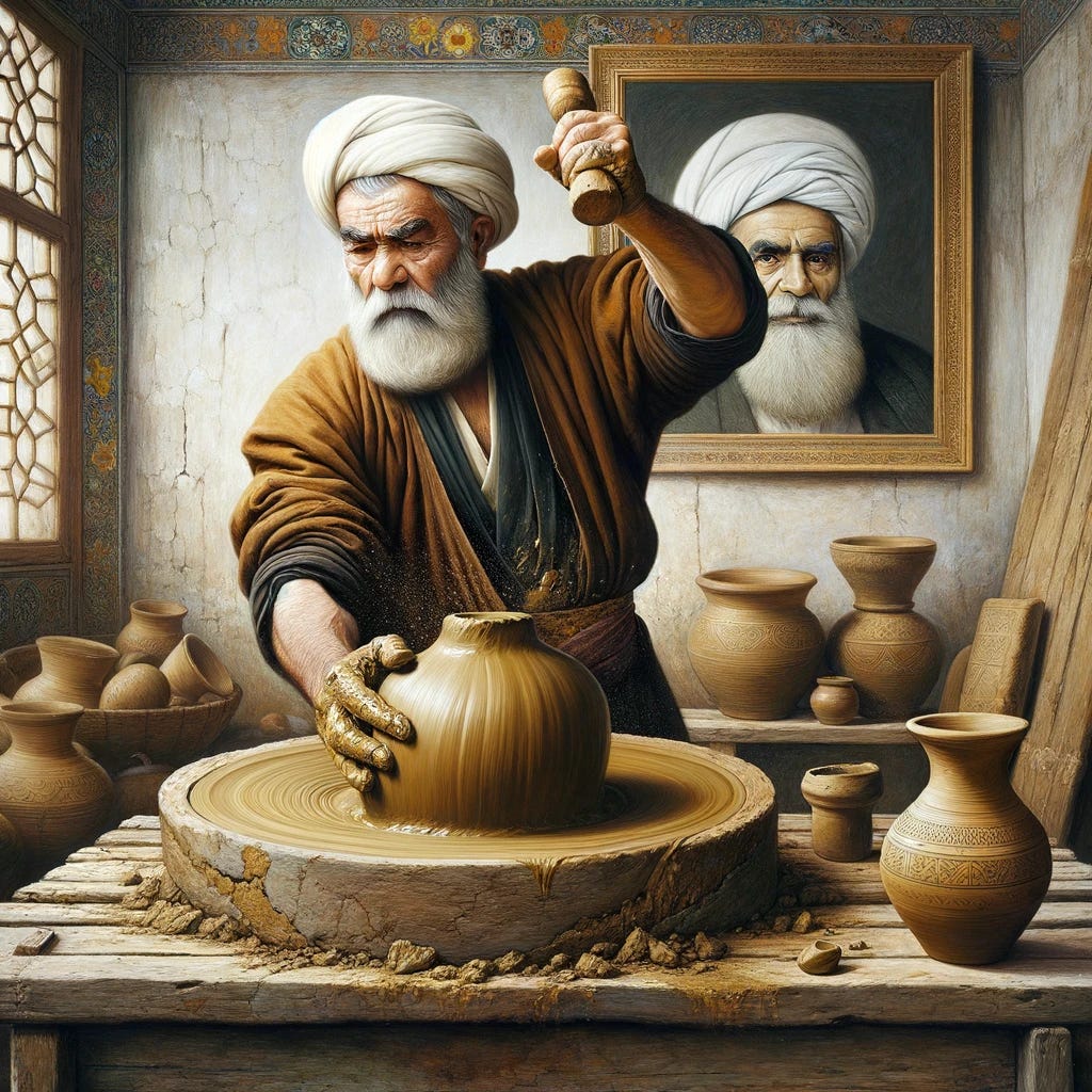 A painting in the Persian style depicting a very old Persian potter, with his arm raised, ready to pound a big lump of clay on a rustic wooden table. The potter, dressed in traditional Persian attire, is standing in a traditional workshop with an intense focus on his work. The clay is a large, unshaped lump, emphasizing the initial stage of the pottery process. In the background, the painting of the potter's deceased father is smaller and positioned further away, adding depth to the scene. A small vase with flowers is placed before the portrait, symbolizing respect and remembrance. The background is adorned with Persian motifs, enhancing the cultural ambiance of the scene.