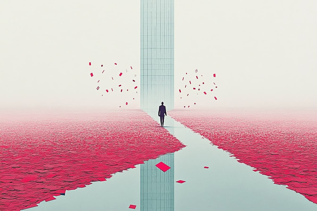 A person walking through water and red papers, with a tall building in the background