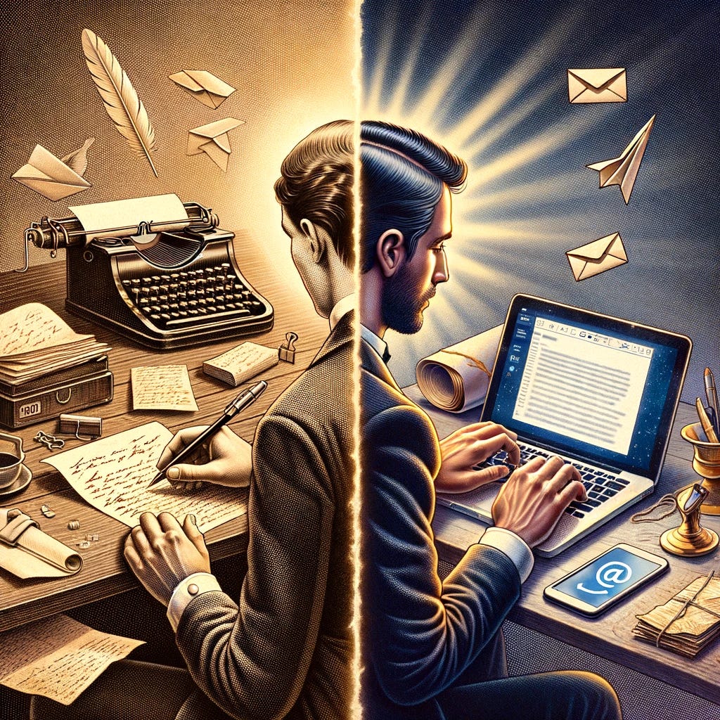A split image depicting the old way versus the new way of doing a task. On the left side, an older method is shown, like writing a letter with pen and paper, portrayed in a vintage style. On the right side, the modern method is depicted, such as typing an email on a laptop or smartphone, in a contemporary setting. The contrast between the two sides is highlighted by the different eras of technology and style, showing the evolution and advancement in how tasks are accomplished.