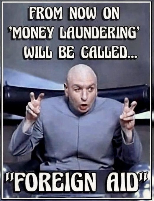 May be an image of 1 person, money, laundromat and text that says 'FROM NOW ON 'MONEY LAUNDERING' WILL BE CALLED... "FOREIGN AID"'