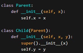 Inside the Child constructor, we use super().__init__(x) to call the __init__ method of the parent class with the x argument. This initializes the x attribute in the parent class. We then initialize the y attribute in the Child constructor.