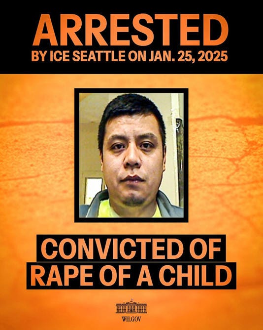 A mugshot of Edgar De La Cruz-Manzo, a convicted child rapist and Mexican national, who was arrested by ICE Seattle on Jan. 25, 2025, posted by the White House Instagram account Sunday, Jan. 26, 2025. White House