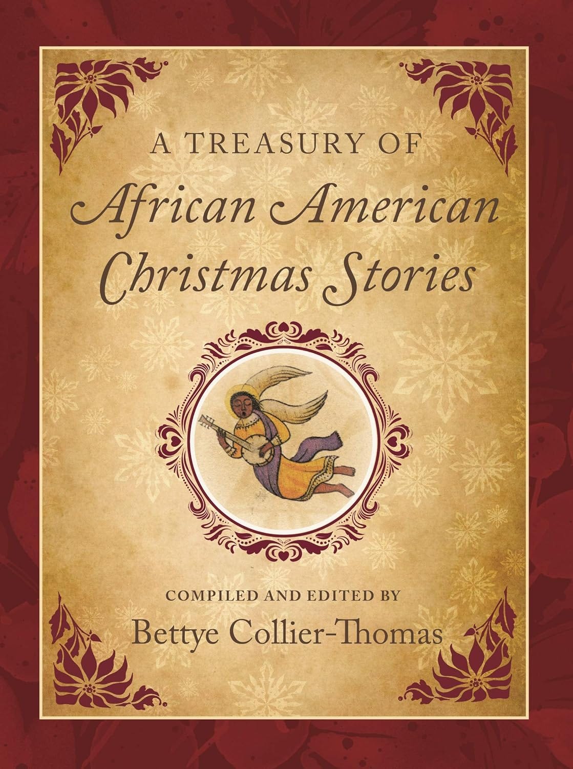 Book cover of A Treasury of African American Christmas Stories has an illustrated brown-skinned angel playing a guitar