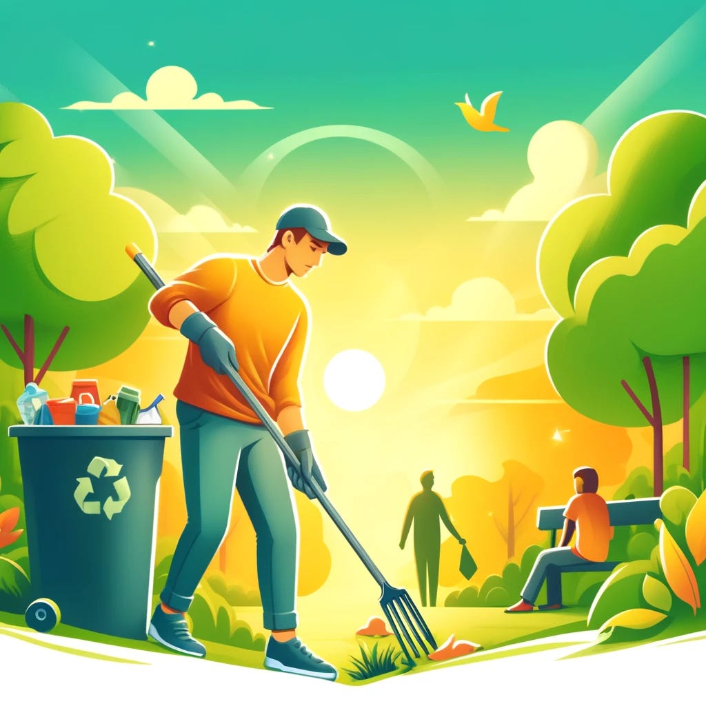 A vibrant and inspiring illustration for a blog post about taking action to clean the environment. The image should depict a person, equipped with gloves and a trash-collecting claw, actively picking up litter in a city park. The park is lush and green, with trees and a clear blue sky in the background, symbolizing the beauty of a well-cared-for environment. The person is focused and content, embodying a sense of purpose and satisfaction in their task. Nearby, other people, inspired by the scene, start to join in or express appreciation. This image should convey the theme of individual action leading to communal change and the positive impact of caring for one's environment.