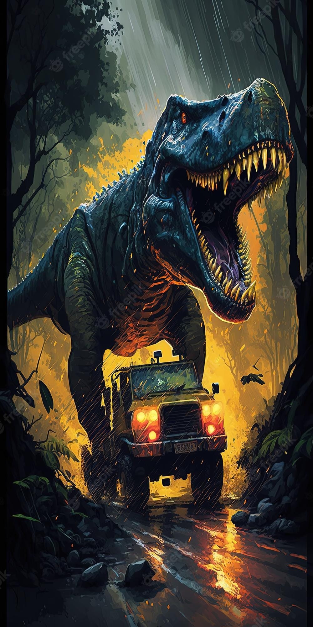 Premium Photo | Trex dinosaur chasing a car in the jungle generative ai