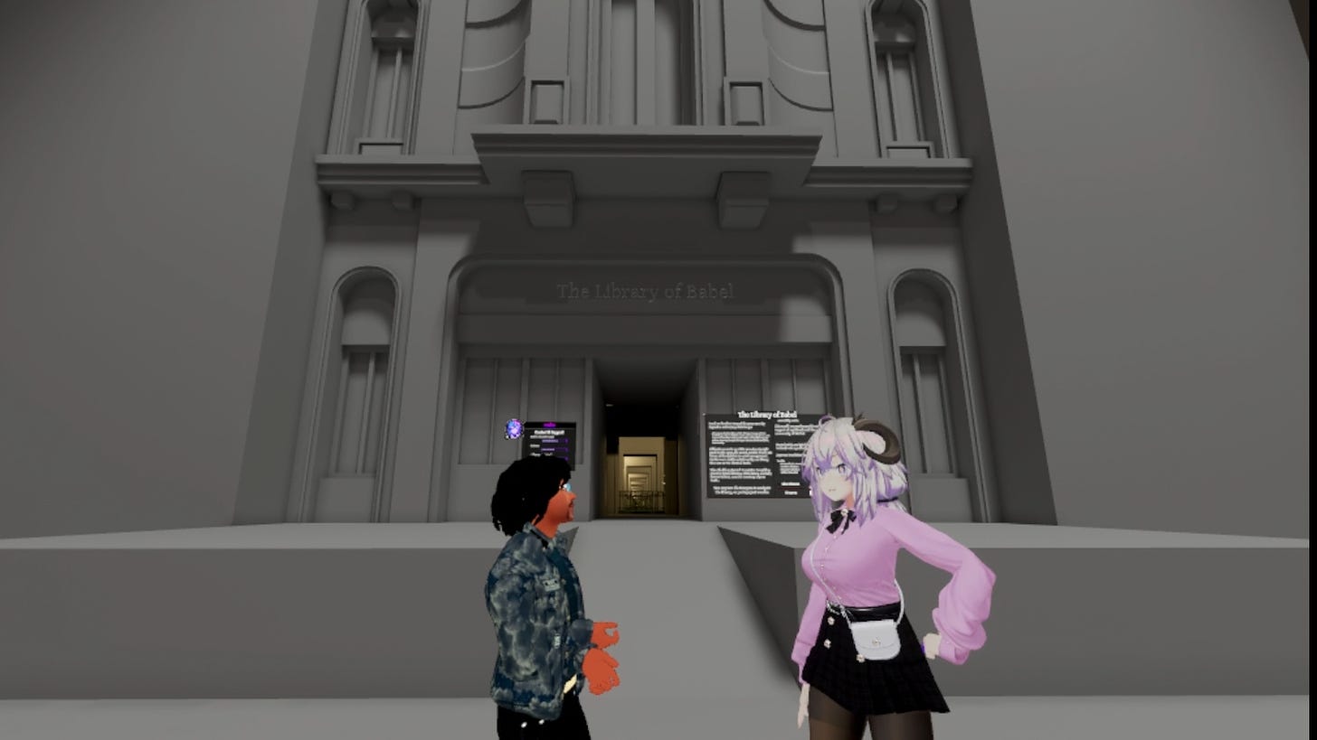 This is an image of ArmaniXR and mahu at the entrance to the Library of Babel.