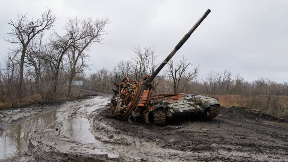 Ukraine President Volodymyr Zelenskyy honored his people's resilience in times of bloodshed in a long and lyrical New Year speech, while Russian leader Vladimir Putin stressed his country's unity in a short and stern message that made only passing reference to the war. Seen here, a Ukrainian tank is destroyed amid artillery shelling on Dec. 31, 2023 in Avdiivka, Ukraine.