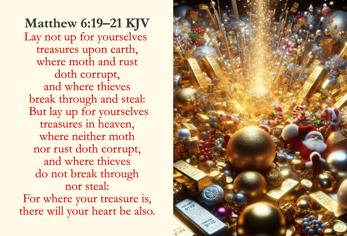Matthew 6:19–21 KJV Cards - Lay not up for yourselves treasures upon earth, where moth and rust doth corrupt, and where thieves break through and steal: But lay up for yourselves treasures in heaven, where neither moth nor rust doth corrupt, and where thieves do not break through nor steal: For where your treasure is, there will your heart be also. 