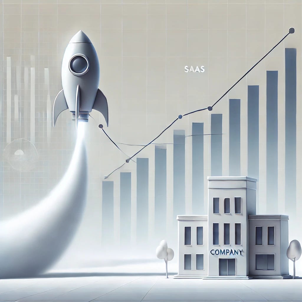 A clean and minimalist illustration of a company being pulled by a rocket, symbolizing growth for SaaS startups. The rocket is sleek and modern, with smooth lines. The company is represented as a simple building or logo connected to the rocket by a thin line. In the background, there is a subtle growth chart with ascending lines and bars, using soft tones of light pastel colors like soft blues and grays to represent technology and innovation. The overall image conveys a sense of productivity, efficiency, and creativity without any specific text on the company.