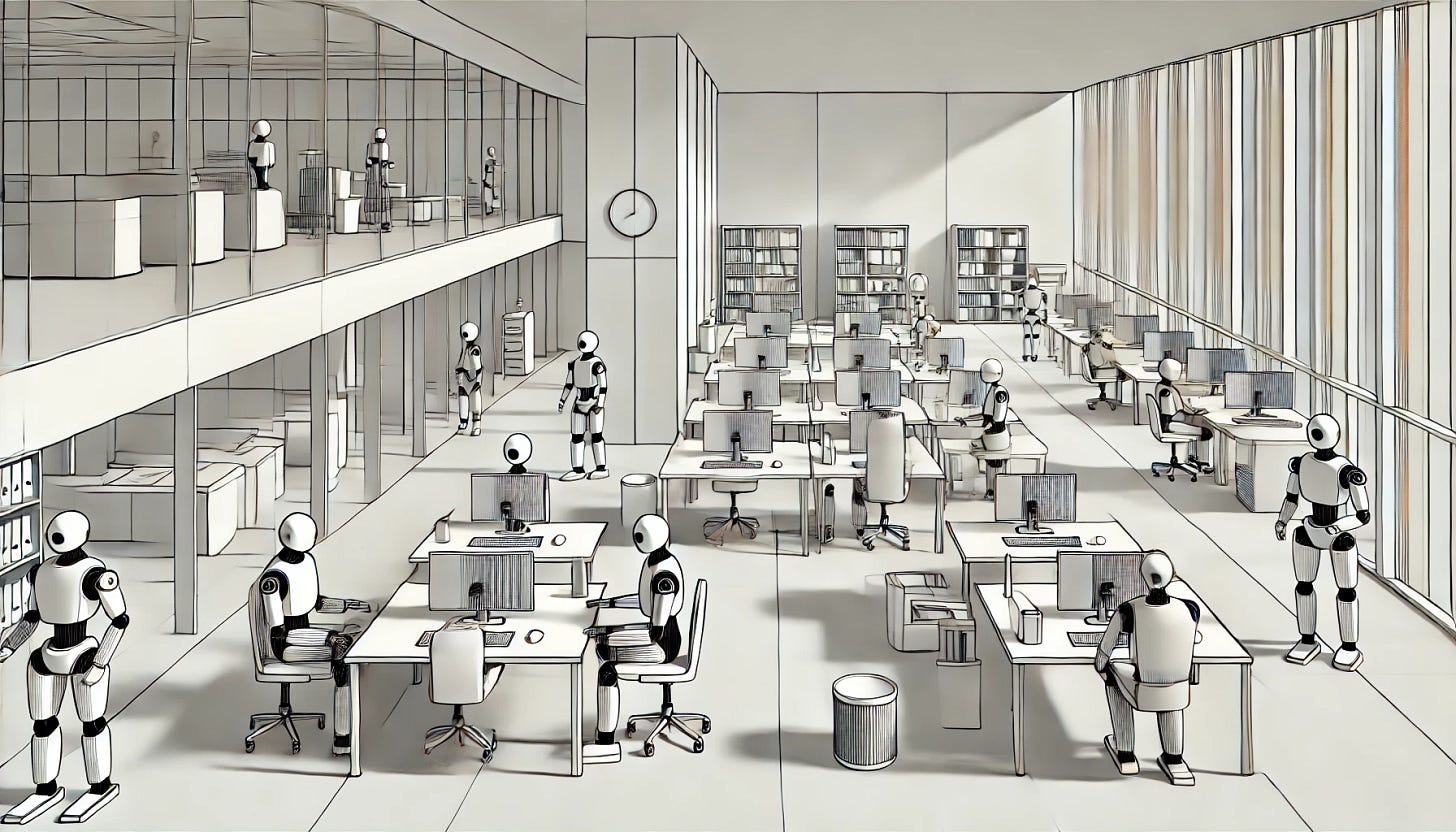 A minimalist office environment filled with robot workers, depicted in a simple, graphic artist style. The design features clean lines, open spaces, and a monochromatic or limited color palette. The robots are sleek and geometric, with minimal detail, performing tasks like typing on computers or sorting documents. The office space is uncluttered, with basic furniture, few decorations, and sharp contrasts between light and shadow. The overall aesthetic is modern, abstract, and focused on simplicity, with the focus on form and function rather than ornate or detailed visuals.