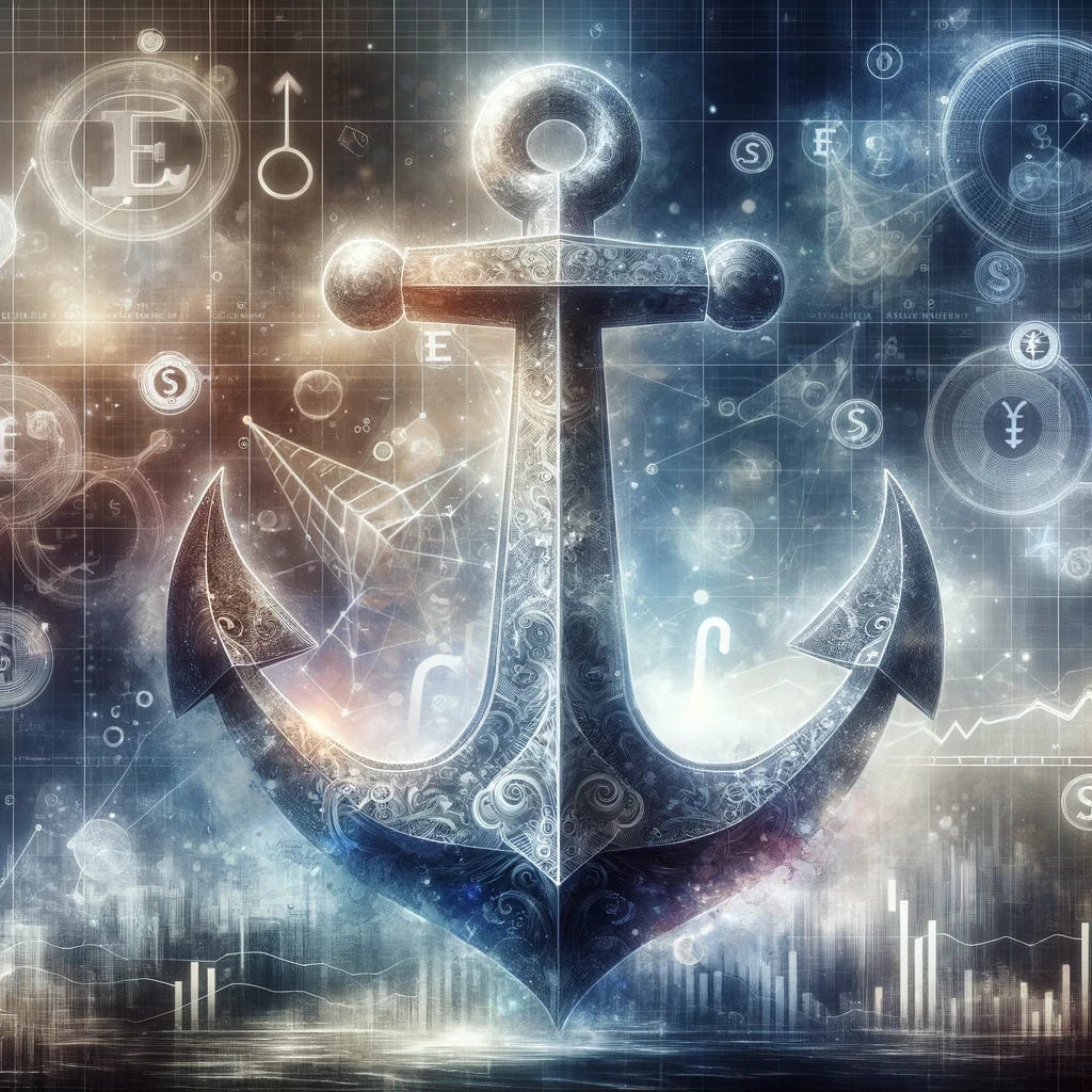 A conceptual representation of a nominal anchor, as perceived by the Federal Reserve, symbolizing economic stability and monetary policy. The image features a large, ornate anchor, possibly ethereal or semi-transparent, set against a backdrop of abstract financial symbols like currency symbols, graphs, and economic icons. The anchor represents the idea of a nominal anchor in economics, a tool to guide monetary policy and maintain economic stability, with a hint of ambiguity to suggest it may or may not exist in reality. The scene should have a blend of realism and surrealism, capturing both the tangible and intangible aspects of economic concepts.