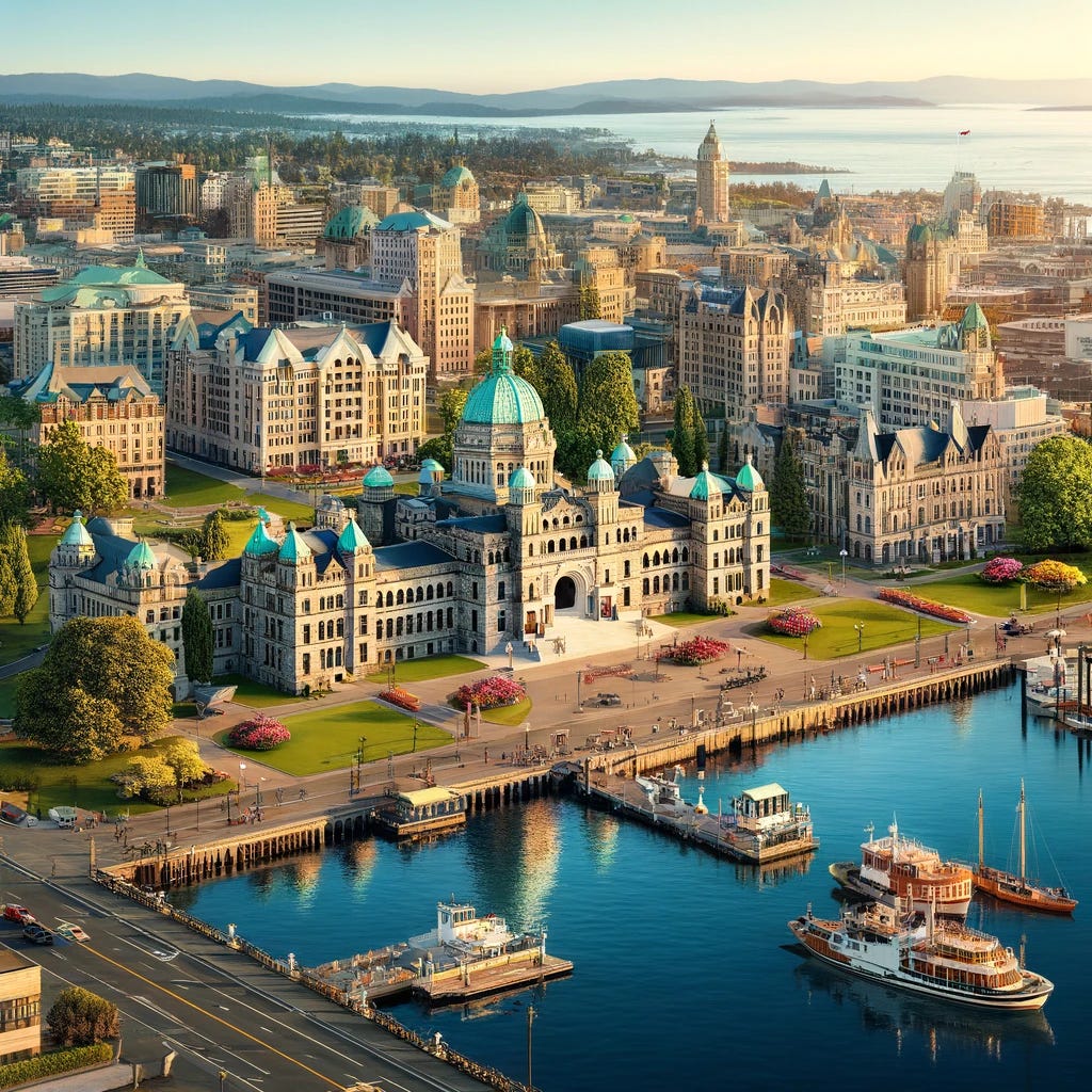 A detailed image of Victoria, BC. The image should capture the city's scenic waterfront, iconic landmarks such as the British Columbia Parliament Buildings, Empress Hotel, and the Inner Harbour. Include elements of the city's natural beauty like the waterfront with boats and lush greenery. The image should evoke a sense of the city's charm and vibrant atmosphere, with clear skies and a lively urban environment.