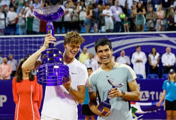 Jannik Sinner of Italy and Carlos Alcaraz of Spain pose with the trophies after the men's singles final match on Day 8 of the 2022 Croatia Open Umag...