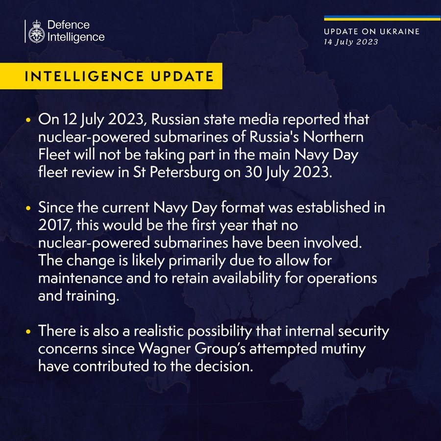 Latest Defence Intelligence update on the situation in Ukraine - 14 July 2023