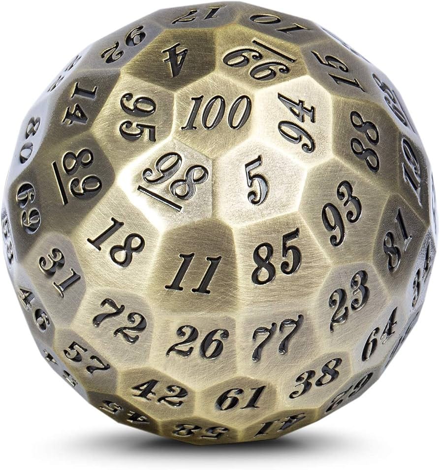 DNDND Metal Dice D100 Single 50mm 100 Sided Polyhedral Dice with Metal Case  and Velvet Pouch for Table Game(Ancient with Black Number)