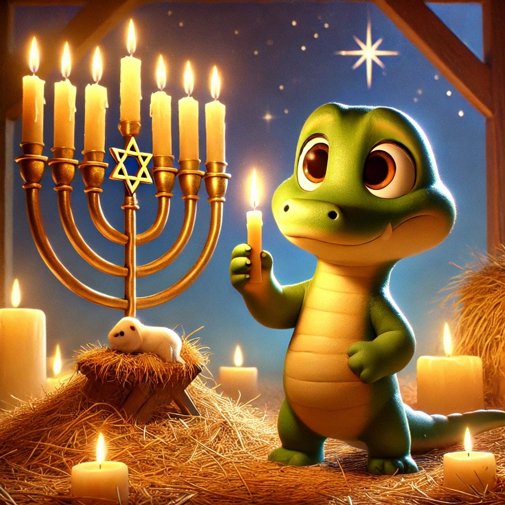 A small, cute anthropomorphic gator named Croaky stands in a warmly lit scene. On the left side, a traditional nine-candle menorah (with one candle elevated in the center) glows brightly, with the first candle lit and casting a warm golden light. On the right, a softly illuminated manger surrounded by hay emanates a gentle, ethereal glow. Croaky holds a small candle in his claw, about to light another flame, wearing a contemplative and hopeful expression. The background features a serene, starry night sky, symbolizing unity and hope. The art style is warm, inviting, and Pixar-like, emphasizing the themes of resilience and renewal.