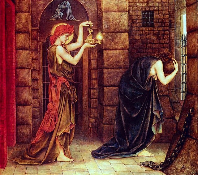 Painting by Evelyn de Morgan called Hope in a Prison of Despair. per the Wikimedia Commons description, it is "allegorical, pre-raphaelite painting showing Hope as a woman or very young man holding a lamp, entering the dungeon where Despair is shown as another human figure bowed down with grief. Hope's saint-like halo suggests the comfort brought by religious faith."