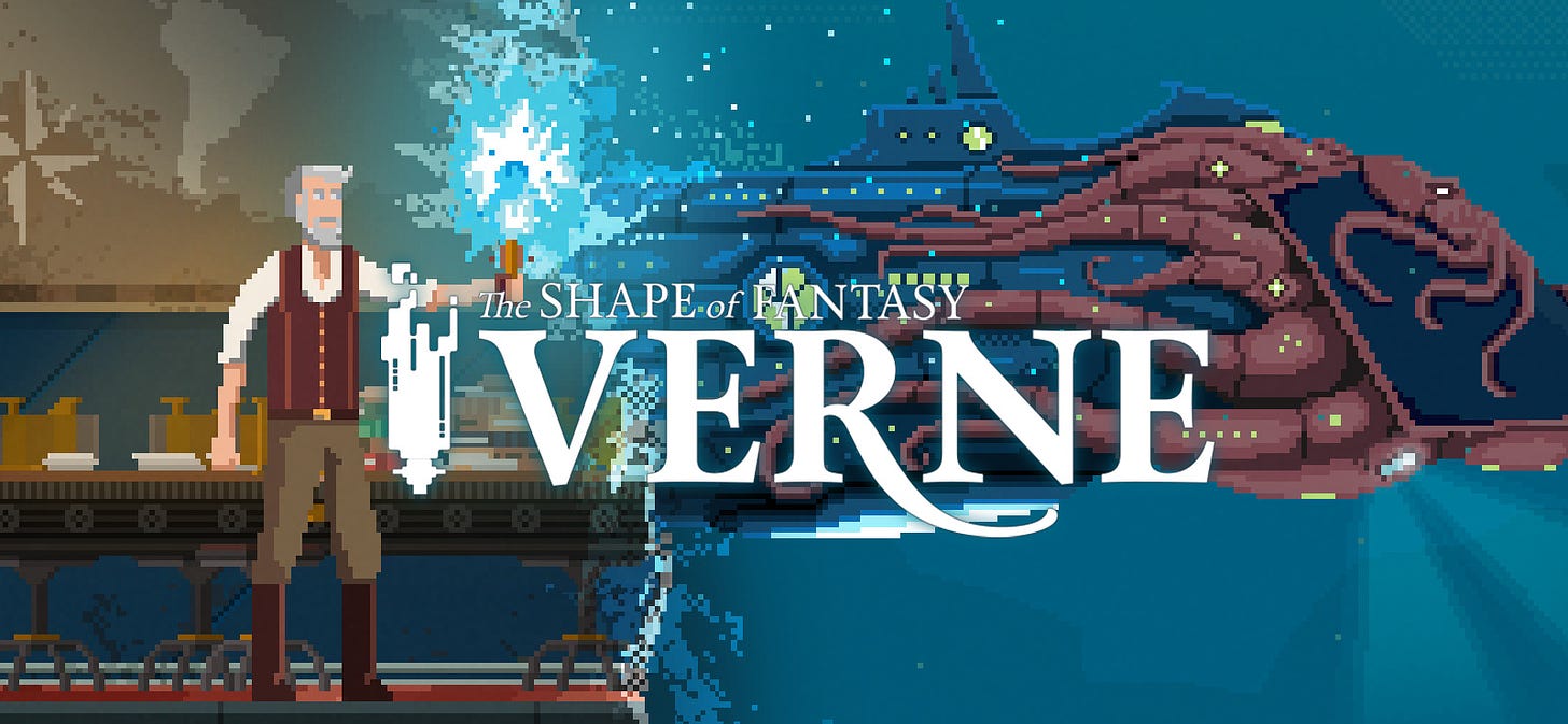 The cover art for the game Verne: The Shape of Fantasy, showing a man on the left holding a magical artifact and the Nautilus ship on the right, with the logo at the centre.