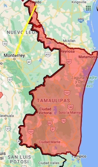 US residents are warned against travel to the area outlined in red on this map (State of Tamaulipas, Mexico) by the US State Department.