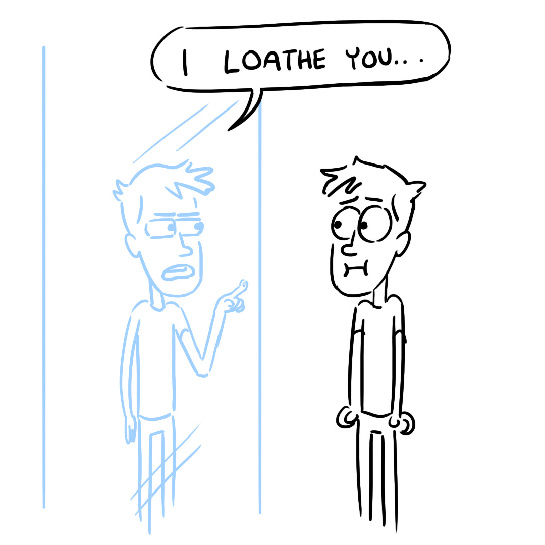 Dodge's reflection says, "I loathe you" and points at Dodge.