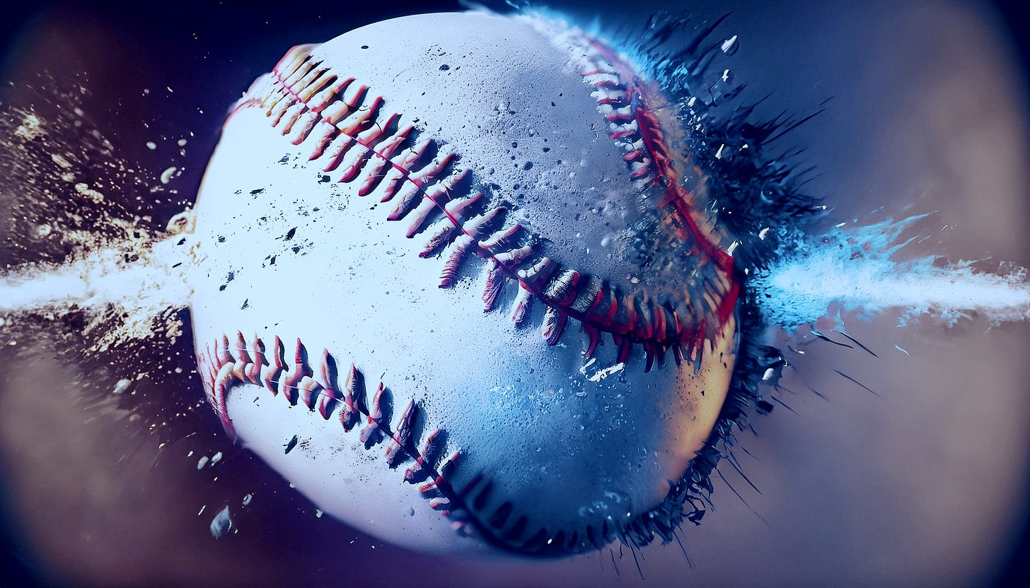 Closeup of a deformed baseball frozen in time.