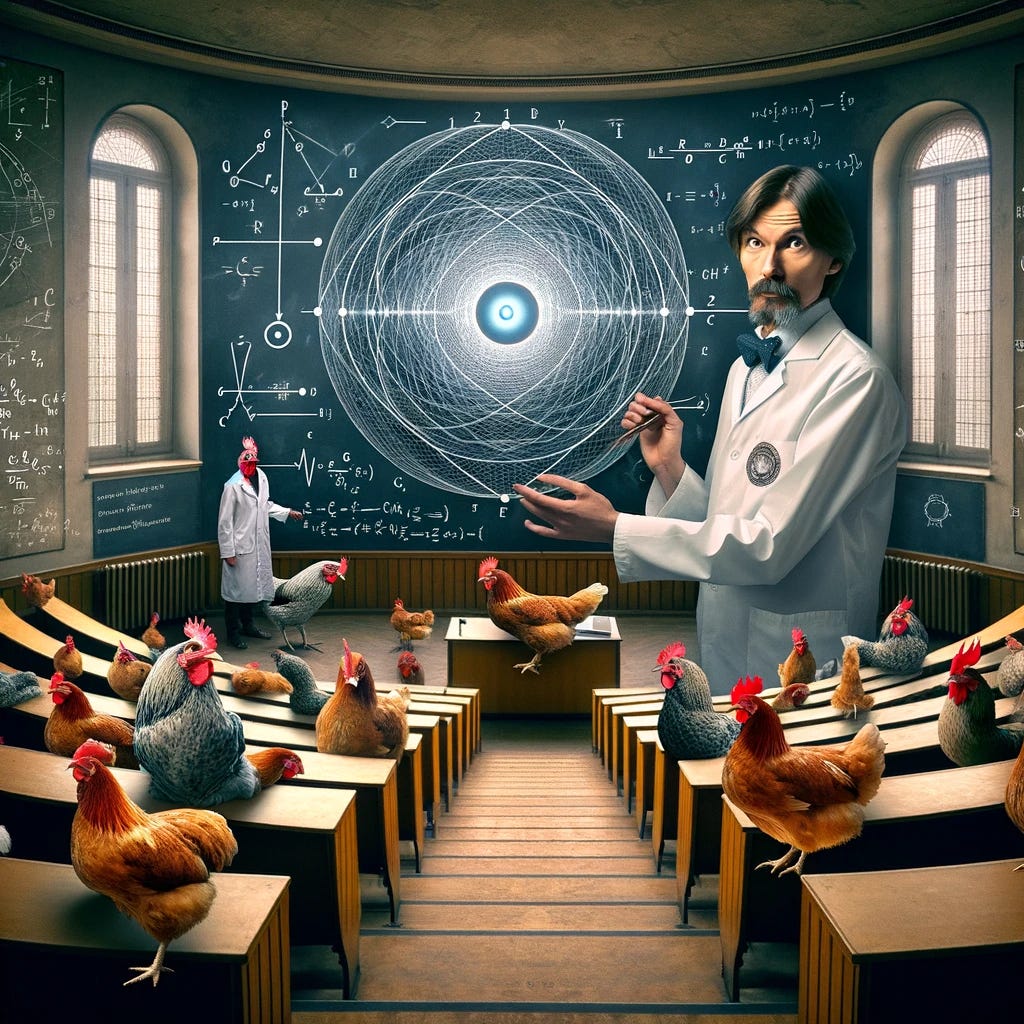 A creative and surreal scene featuring a male scientist resembling John Bell in a lecture hall. He is pointing to a complex diagram explaining the concept of non-locality in quantum mechanics. Around him, chickens appear in various abstract and unexpected locations within the hall, emphasizing their non-local nature. The setting is both academic and whimsical, blending traditional physics elements with surreal representations to highlight the deep and intriguing nature of quantum phenomena.