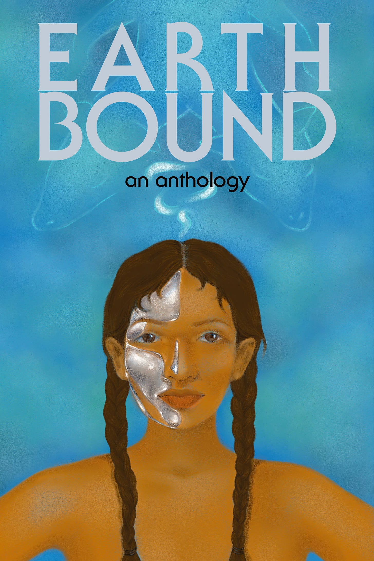 A digital painting of an Indigenous woman in her mid-thirties. She has brown skin, hair, and eyes. The right side of her face is metal. She occupies the lower half of the painting. A ghost hovers above her head, taking the shape of a double-headed deer. The background is a bright blue. 