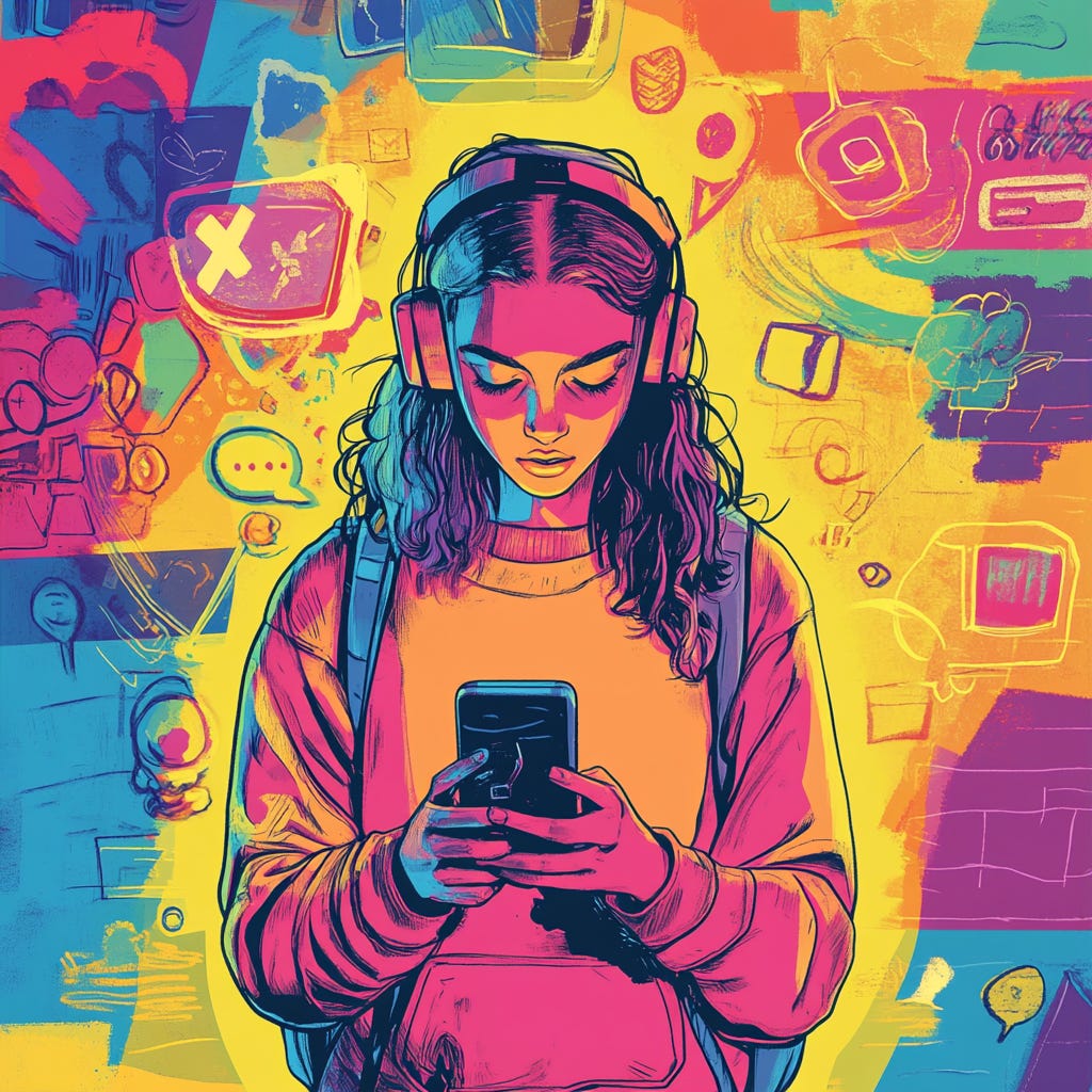 An illustration of a young person, looking at social media on their mobile phone.