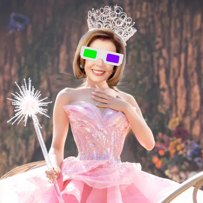 A photoshopped image of Nancy Pelosi dressed as Glinda the Good Witch and wearing a pair of green and purple 3D glasses.
