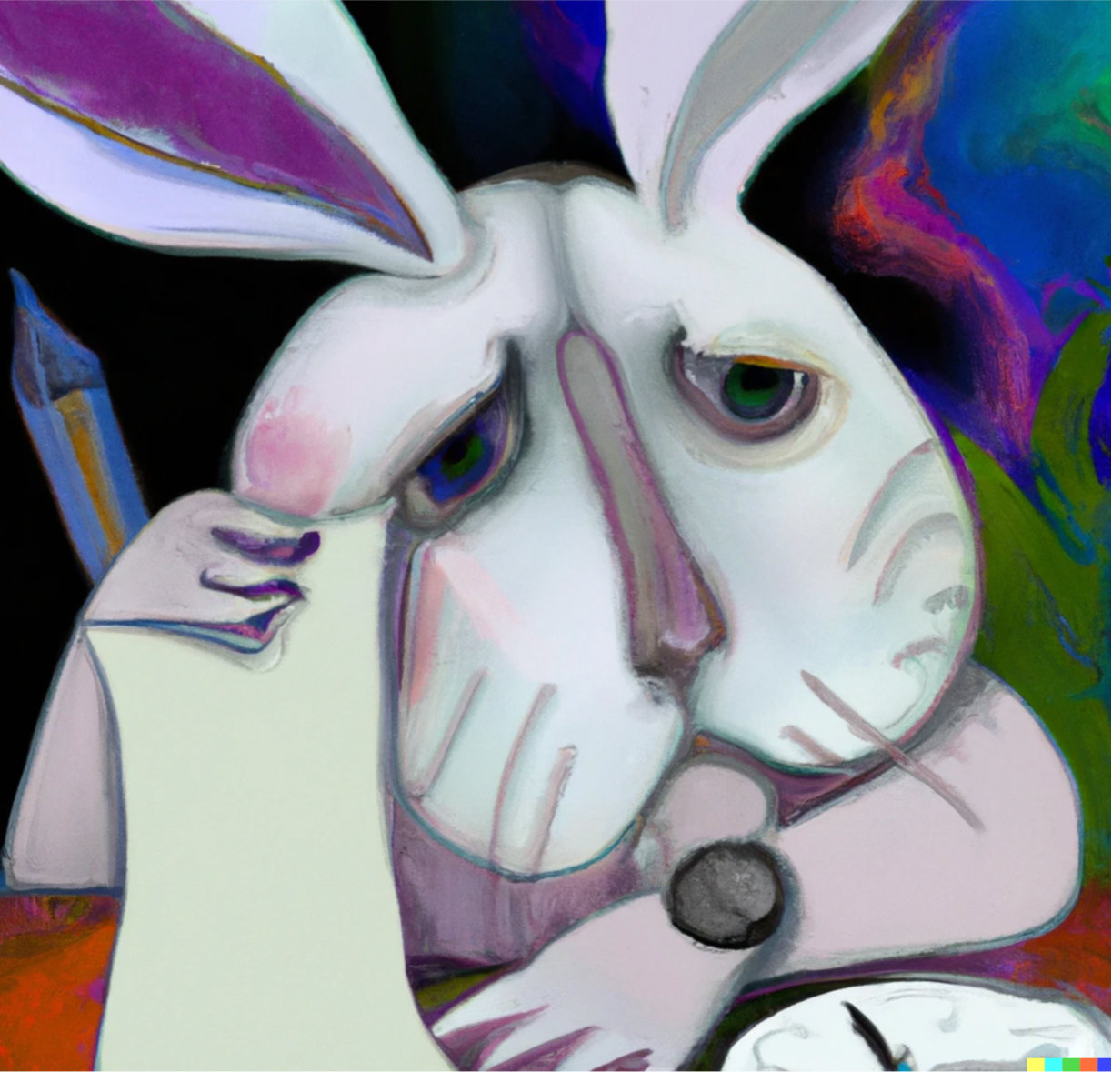 Prompt: Create an image of the White Rabbit from Alice in Wonderland worried that it's late writing a report. Create the image with bright colors in the style of Georgia O'Keefe's artwork.