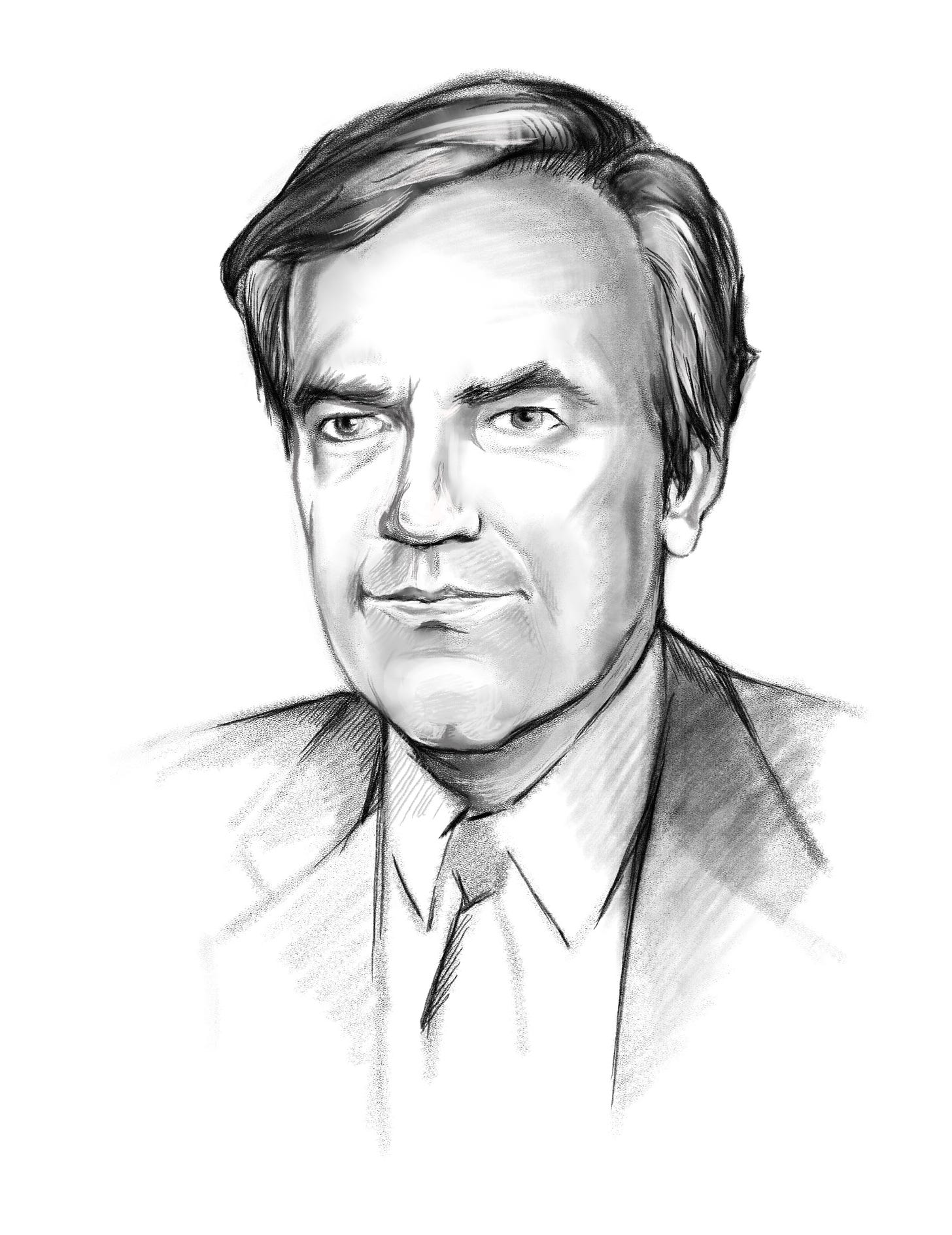 A black-and-white sketch of a man in a shirt and tie with a blazer, facing the viewer
