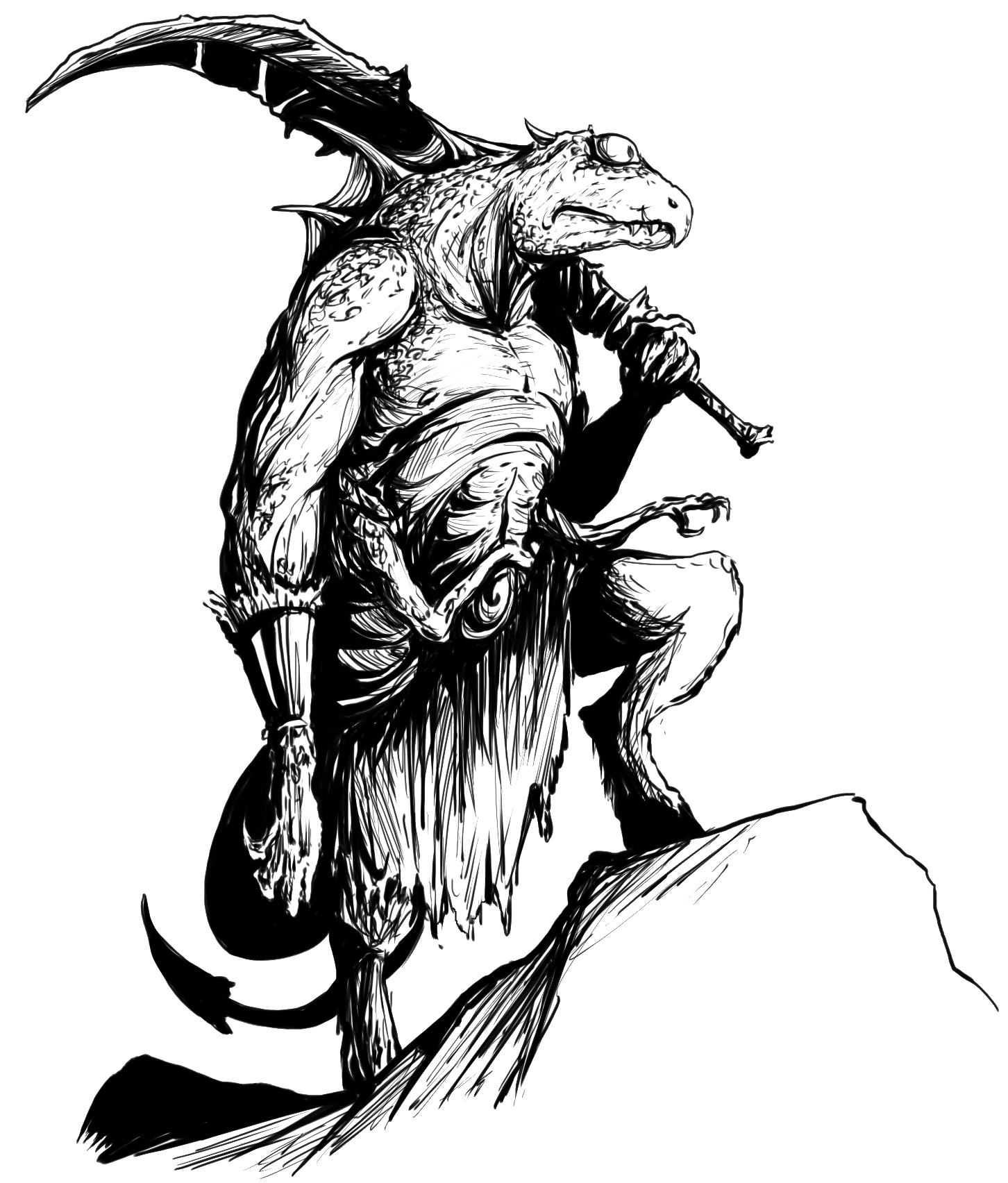 The illustration of a Zol'diir, a lizard-like monster with a single eye and four arms. It is wielding a crude giant curved sword.