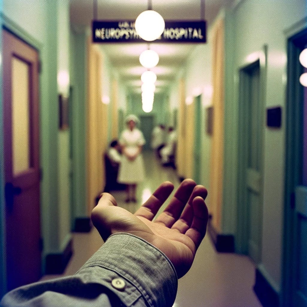1963 年 10 月 14 日，UCLA 神经精神病医院会议室内的全彩 Leica 照片。照片聚焦于一只手，手上是灰色纽扣衬衫的一部分袖子。在温暖的灯光下，背景中模糊的护士正引领着走向标有 'Dr. Sidney Cohen' 的门。整个场景带有轻微的幻觉感：墙壁似乎微微弯曲，灯光留下淡淡的轨迹，整体呈现出 60 年代的氛围，夹杂着一丝超现实的感觉。