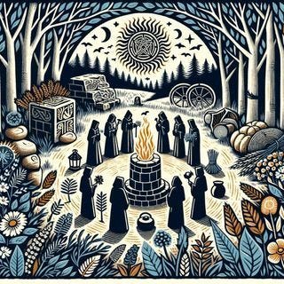 Block print style image of Druids celebrating ancient and modern rituals