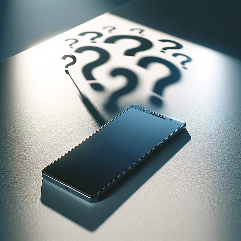 A subtle and artistic representation of a smartphone as a potential source of risk, set in a serene yet slightly unsettling environment. The image features a sleek, modern smartphone lying on a table, casting a long shadow that morphs into a series of question marks, subtly hinting at the unknown dangers and uncertainties associated with its use. The background is minimalist, with soft, ambient lighting that creates a contrast between the beauty of technology and the potential hidden risks. This composition aims to provoke thought on the balance between technology's benefits and its unseen consequences, without overtly depicting danger.