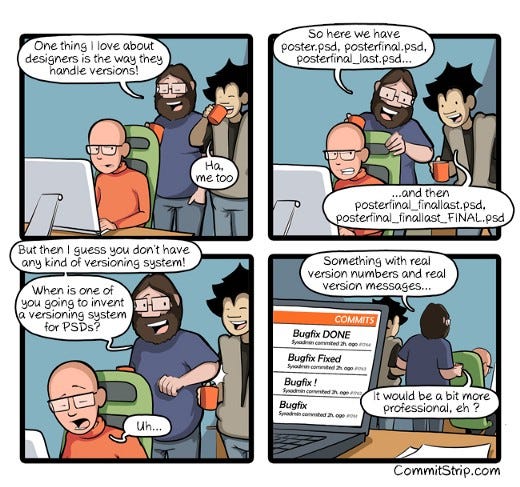 A comic about “versioning”. Developers are making fun of a designer’s file names, like “posterfinal_finallast.psd” and “posterfinal_finallast_FINAL.psd”, but their version numbers for bug tracking are just as bad.