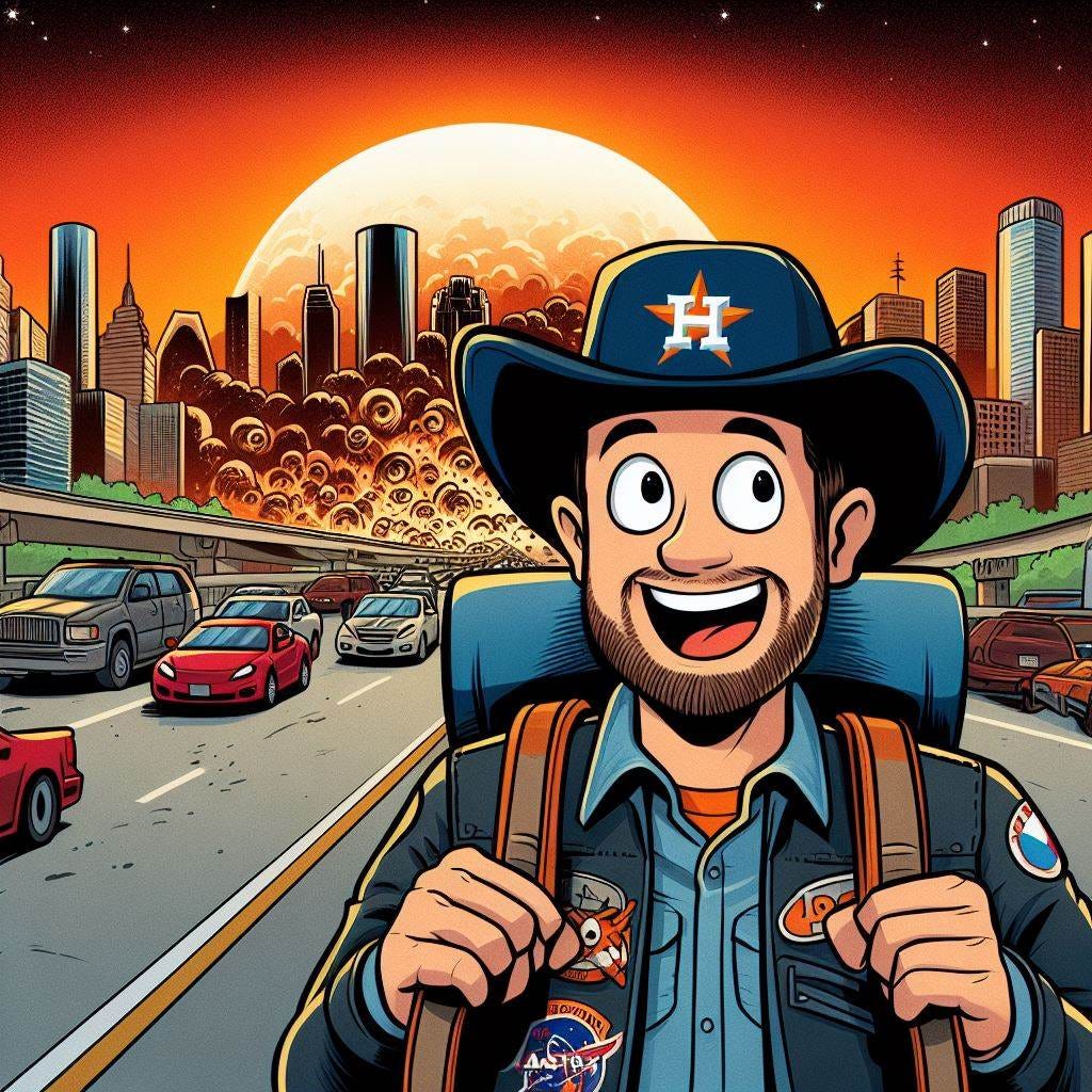 cartoon of a space cowboy wearing a Houston Astros hat cheerfully commuting in rush hour as the apocalypse begins in the background