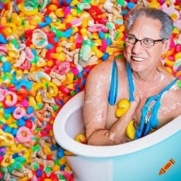 CEO Gary Pilnick taking a leisurely bath surrounded by colorful cereal boxes